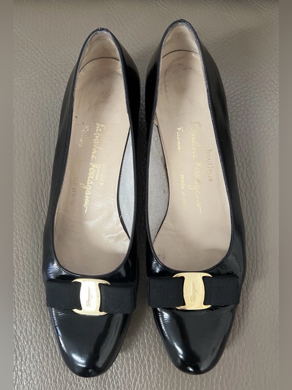 Salvatore Ferragamo Black Patent Vara Bow Flats with Gold Accent